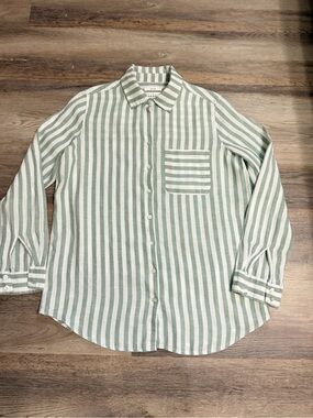 Nicole Miller Mint Green and White Striped Button-Down Shirt 100% Linen